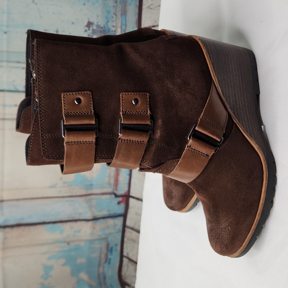 Sorel After Hours Suede Wedge Booties Brown Ankle Leather Straps - Picture 5 of 8